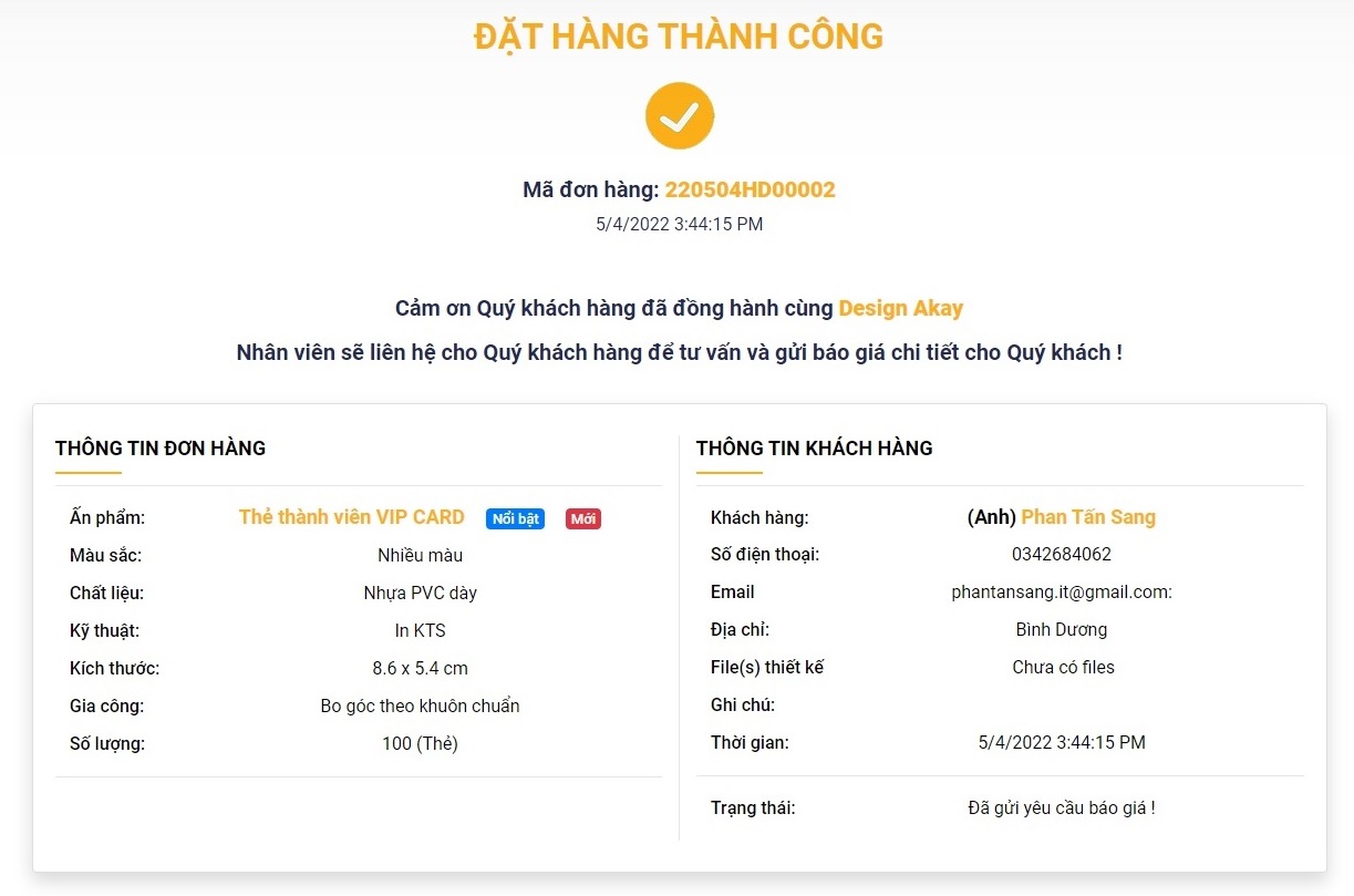 Đặt hàng thành công 